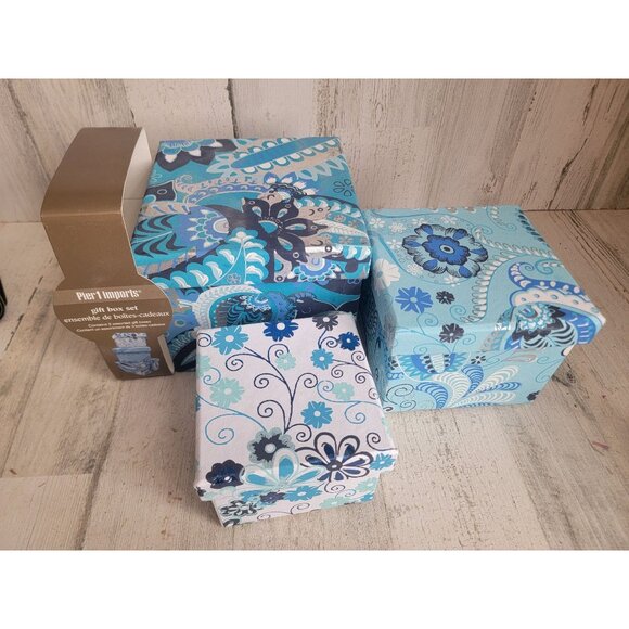 Pier 1 blue gift box set swirl flower Xmas decor - Picture 2 of 5